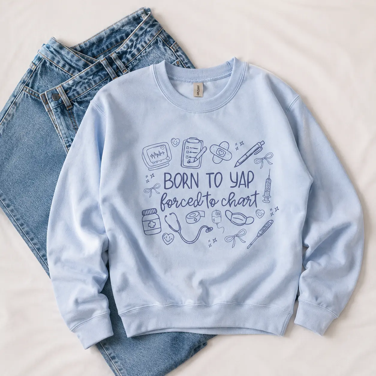 Gildan Funny Nurse Sweatshirt, Born to Yap Forced to Chart Printed Crewneck, Casual Cotton Tops for Healthcare Professionals, Hoodie, Pullover, Round Neck, Graphic