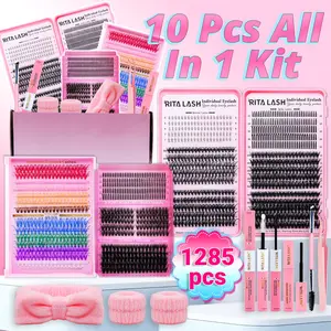 RITALASH 1285PCS Lash Extension Kit DIY Cluster Lashes Gift Large Packs 3 Trays Lash Clusters Eyelash Extensions Soft Comfortable with Lash Bond and Seal Remover Tweezers Brush Wrist&Headband Eyelash Glue Remover Cosmetic