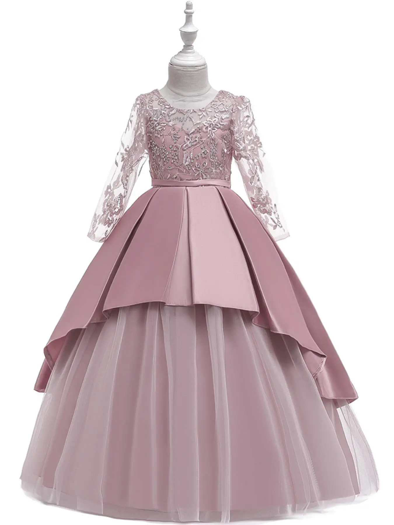Girl's Floral Embroidery Rhinestone Decor Bow Back Satin Tulle Dress, Elegant Contrast Mesh Long Sleeve Layered Party Dress for Formal Wear, Kids Clot