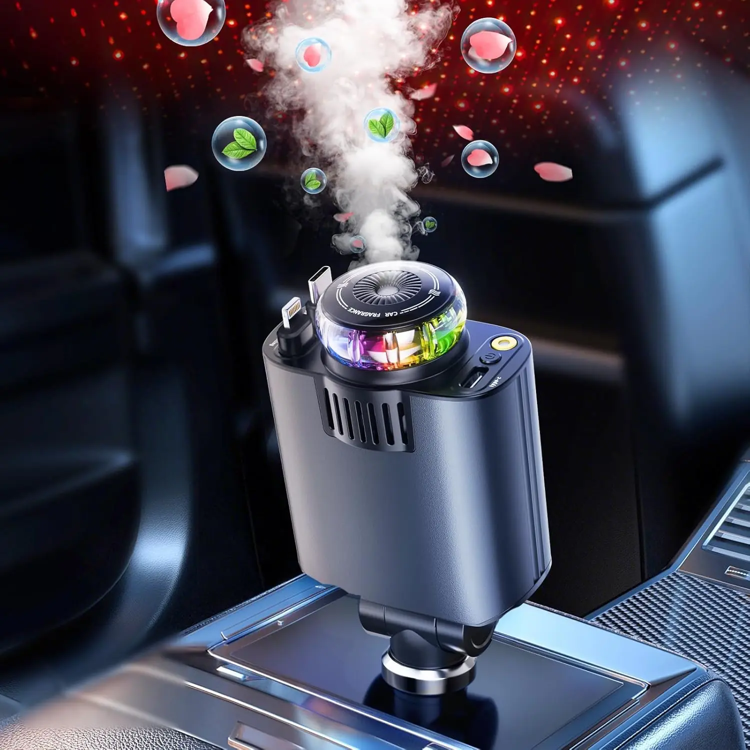 Starlight Retractable Car Charger with Car Aromatherapy Essential Oil Diffuser, Starlight in Car Roof 5 in 1 Fast, 2 Retractable Cables and USB C Car Charger Adapter, Compatible with iPhone 17