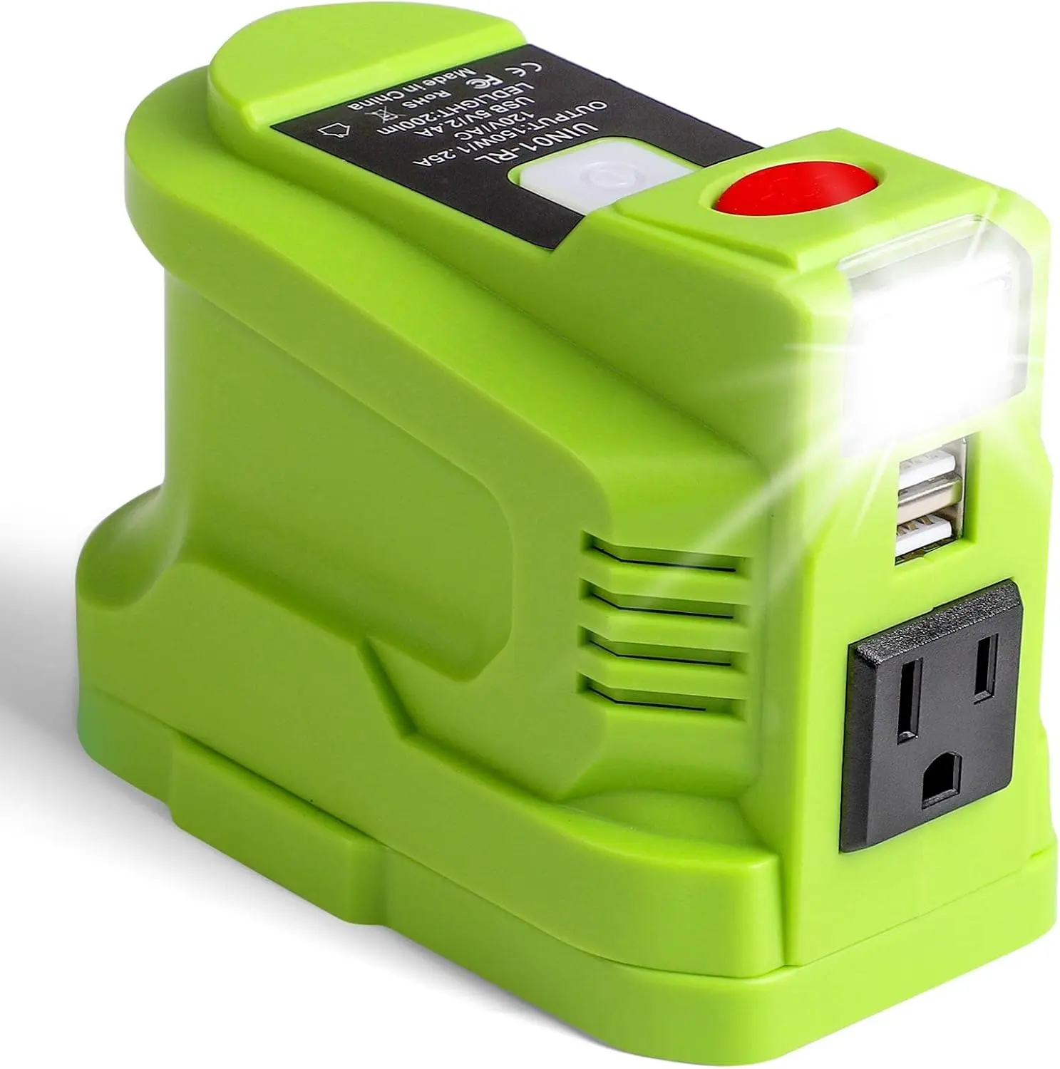150W Inverter Generator for Ryobi 18V 1+ Battery - 18V DC to 110V/120V AC Portable Adapter, 5V 2.4A USB Port, 200 Lumens LED Lights, 1.25A Fuse, AC Supply for Outdoor Camping, Emergency Use, Emergency Lighting