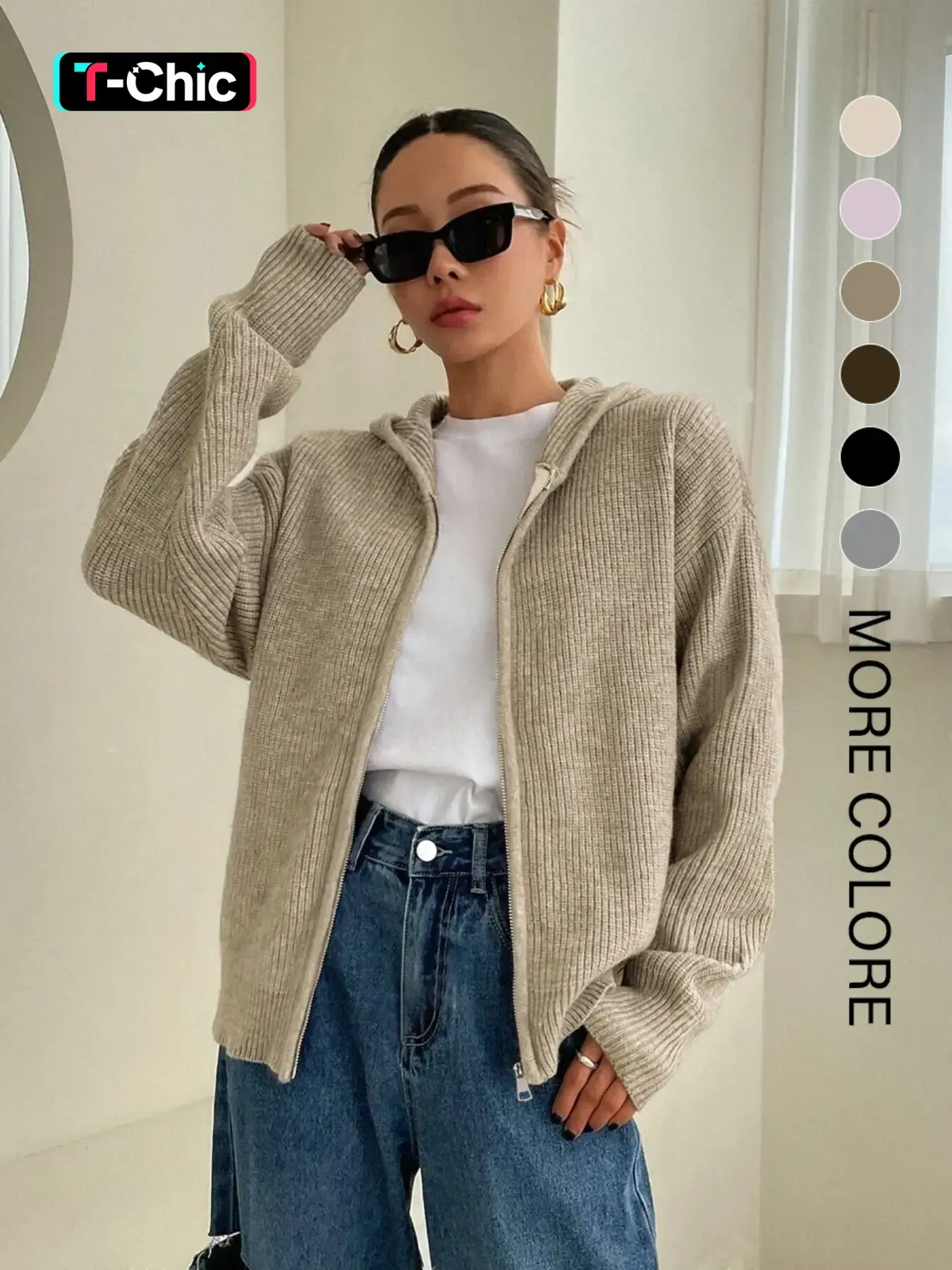 Women's Solid Basic Zip-Up Hooded Sweater Cardigan, Casual Cardigan Top, Casual Fitted Drop-Shoulder Long-Sleeve Everyday Womenswear Cardigan, Women Knitwear Knitting for Fall & Winter Daily Wear