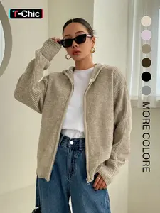 Women's Solid Zip-Up Hooded Sweater Cardigan, Casual Fitted Drop-Shoulder Long-Sleeve Everyday Cardigan, Women Knitwear for Fall & Winter Daily Wear