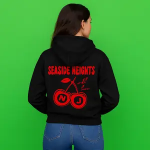 Seaside Heights NJ "Cherry Bomb" Jersey Shore Hoodie - Red Glitter Cherries Print on Black - Front & Back Graphic - Unisex Sizes S-5XL - Bold, Comfy & Iconic Streetwear
