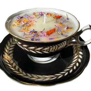Ember and Porcelain Collection: Hand-Poured Beeswax Candles in Vintage Teacups with Dried Florals for Cozy Nights and Decorative Use