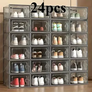 24 pcs thickened transparent storage shoe box with lid, foldable stacked shoe storage box, durable shoe box is suitable for all kinds of shoe types, ideal for home dormitory wardrobes, space-saving shoe racks, Foldable shoe organizer