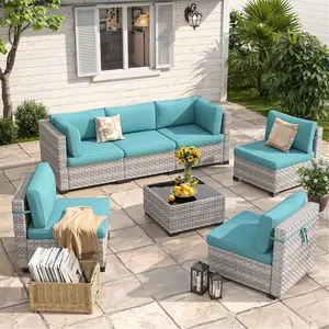 【2 packages delivery】7-Seat Modular Patio Furniture Set – Outdoor Wicker Sectional Sofa with Thick 4″ Cushions, Dual-Strand PE Rattan, Rust-Resistant 18 mm Steel Frame, Backyard Garden Deck Lounge