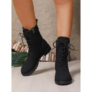 Women’s waterproof ankle boots with a side zipper design, lace-up combat boots for walking and work, stylish leather platform short booties