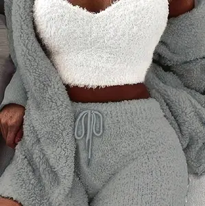 Women's Warm Fuzzy Pajama Set with Long Sleeve Hooded Robe, Tank Top, and Drawstring Shorts - Perfect for Homewear - Womenswear Comfort Pjs Bridal Comfortable Nightwear Soft Fit