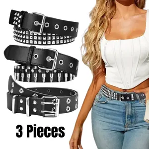Pack Of 3 Punk Studded Belts with Buckle Design, Gothic Style Belts, Perfect for Gothic Rock Looks, Birthday Gifts, Parties, And Everyday Wear