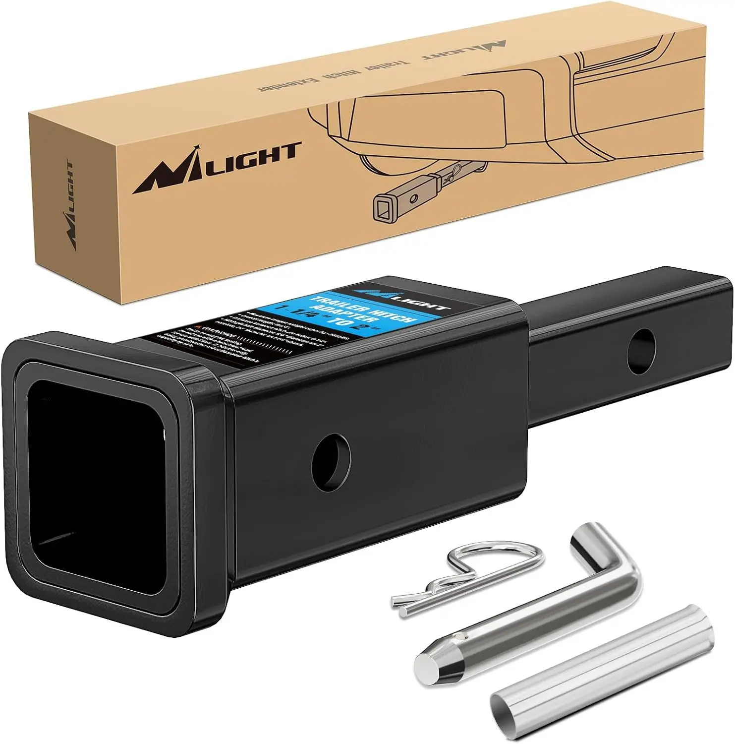 Nilight Trailer Hitch Receiver Extender Adapter Reducer 1-1/4 to 2Inch Hitch Adapter 6-1/2 inch Extension Sleeve Convertor 350Lbs with 1/2-Inch Diameter Pin and Clip with 5/8-Inch Adapter