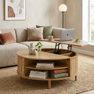 Minimalist Round Lift-Top Coffee Table with Hidden Storage, Sliding Door, Pine Legs, and Wood Wave Finish