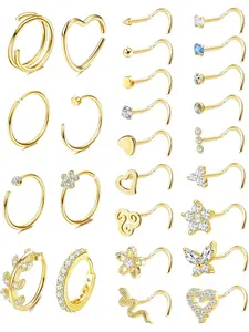 26 Pcs 20G Nose Ring Nose Stud Steel Nose Piercings Set CZ Shiny Septum Piercing Butterfly Snake Nose Studs Piercing Nose Rings Gold Silver Nose Piercings Jewellery for Women Men