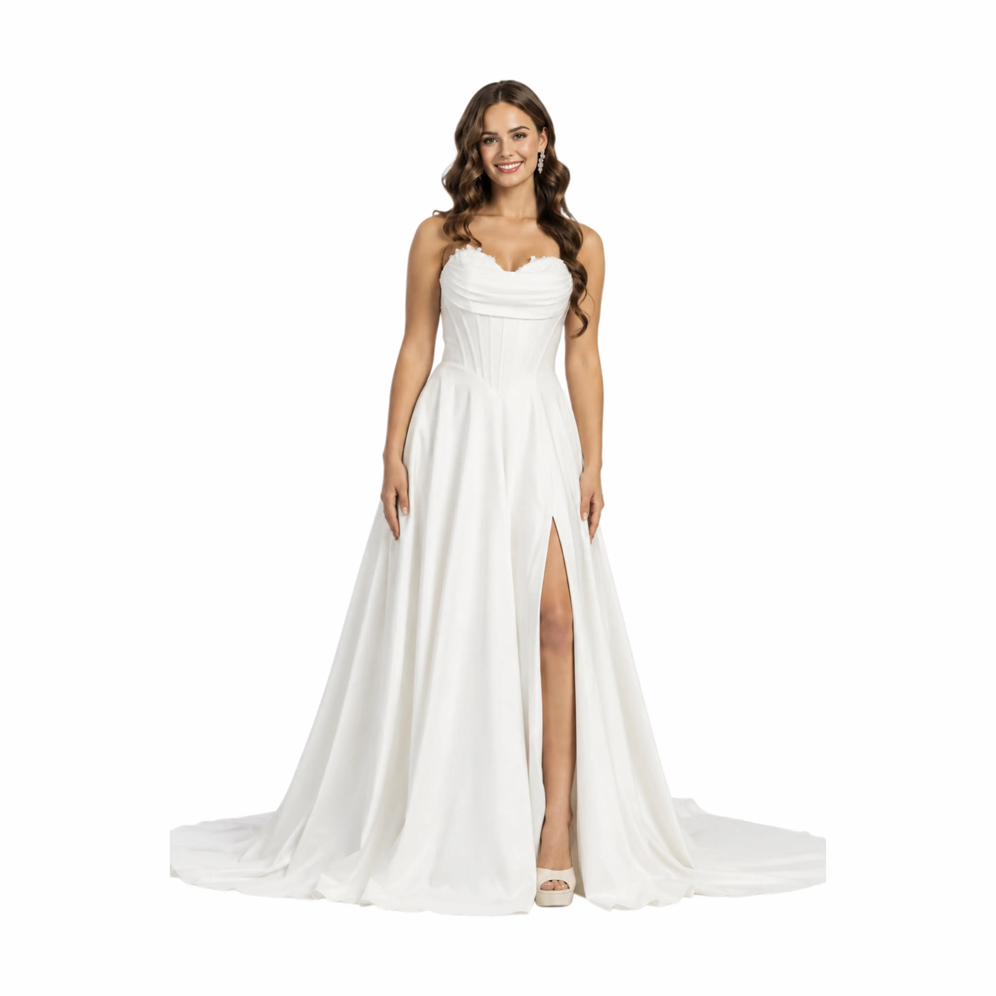 Gálvez Fashion White Strapless Wedding Dress | Corset Bodice, High Slit & Long Train