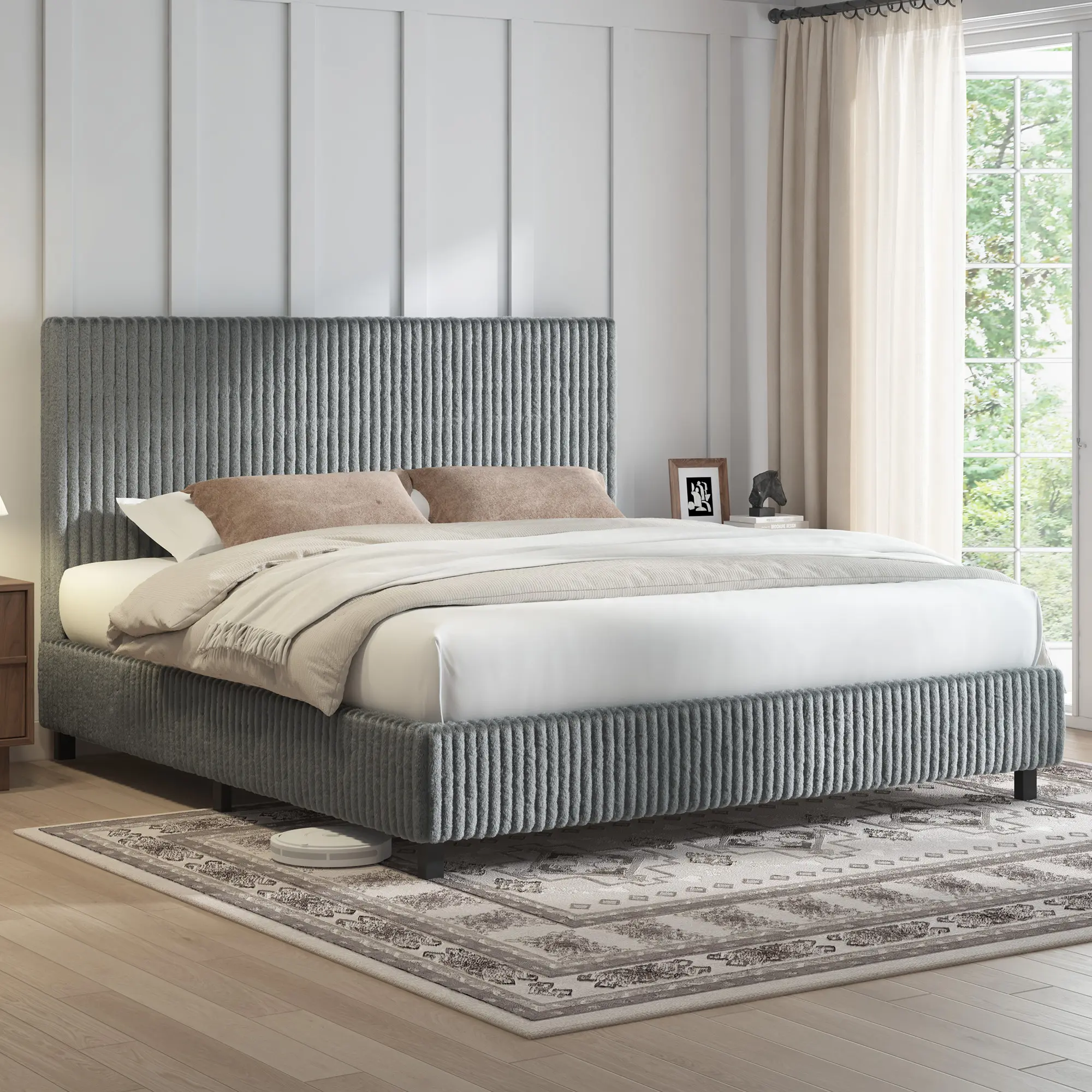 [Summerwins] [SummerFinds] AMERLIFE Upholstered Bed Frame with 3.5" Thick Gap-Free Headboard, Corduroy Platform Bed, Fully Padded, Metal Frame with Strong Slats, No Box Spring Needed