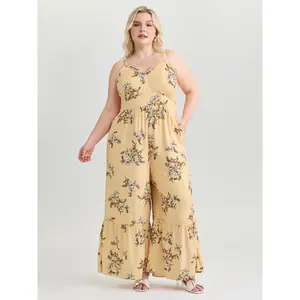 BLOOMCHIC Plus Size Floral Ruffled Neckline Cinched-Waist Jumpsuit [M-6X]2026 Summer Vibes Swimweek