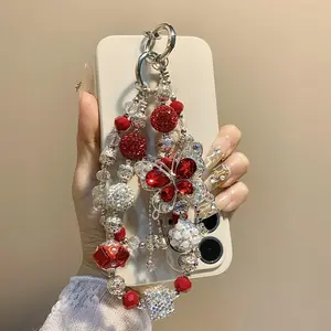 Glistening Crystal Luxury Mobile Phone Charm - Red Butterfly Design, Elegant Crystal Bead Chain, Compatible with All Smartphones, the Perfect Gift for Birthdays, Anniversaries and Special Occasions