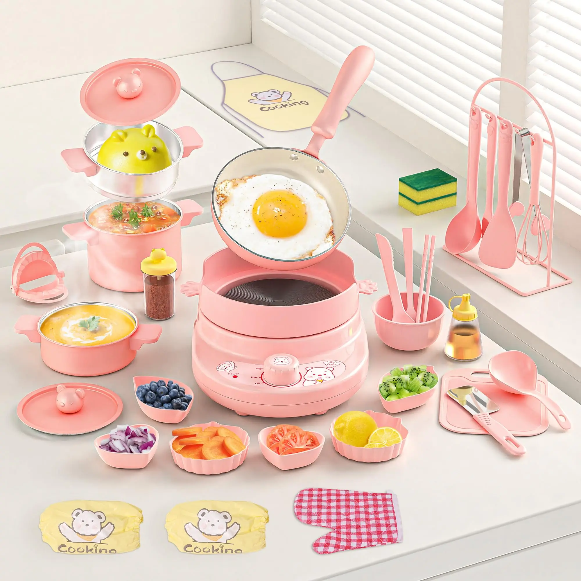 Kids Real Pink 34-Piece Play Mini Cooking Set - Safe Flame-Free Stainless Steel Kitchen Tools, Stainless Steel Pans, Montessori Toy with Child-Safe Design, Auto-Shutoff, Practical Life Skills Knife for Ages 8+ Girls