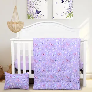 3 Piece Crib Bedding Set Soft Baby Crib Bedding Set Crib Comforter Set - Comforter Sheet Pillowcase Nursery Bedding Sets for Baby Girls or Boys Purple