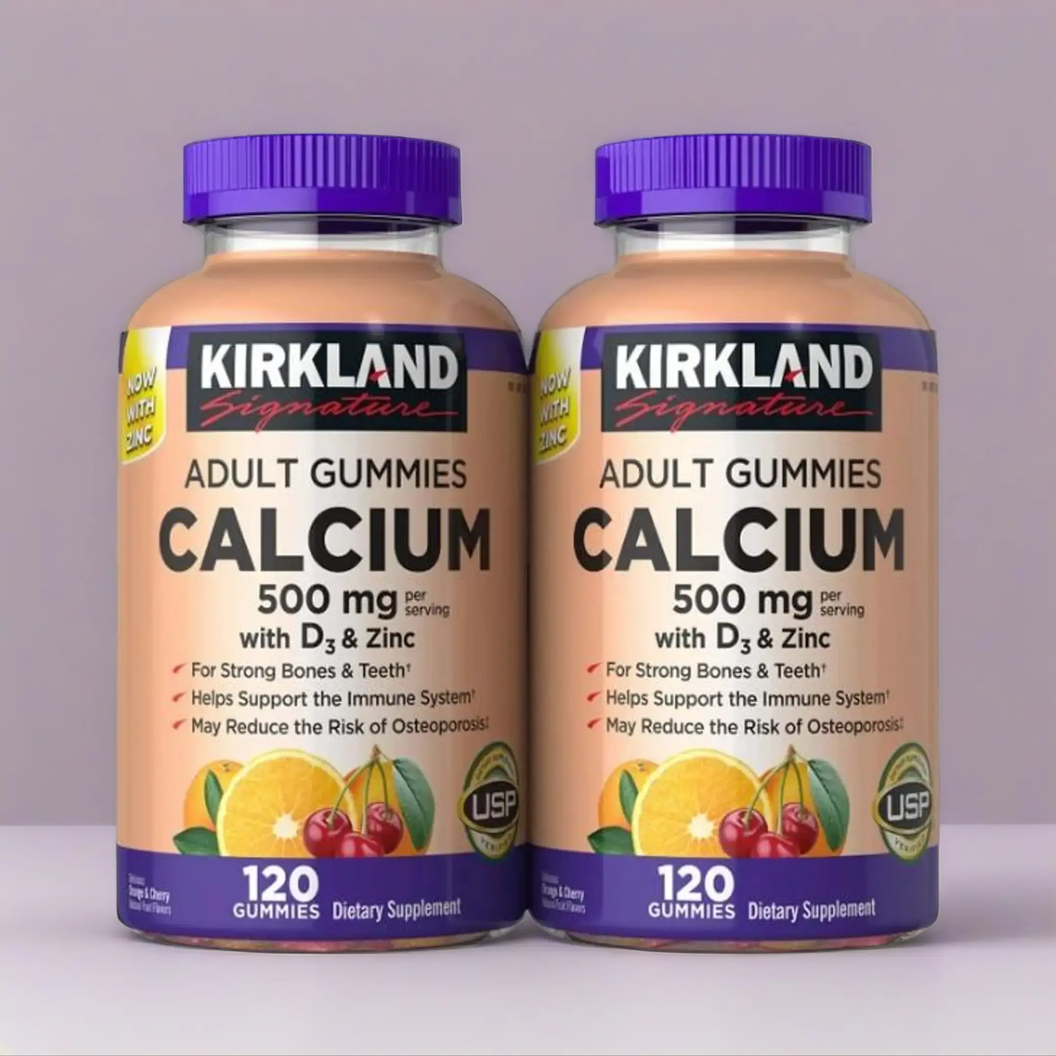 Kirkland Signature Chewable Calcium with Vitamin D3 Adult Gummies, 240 Ct x 2 Bottles, Orange & Cherry Natural Fruit Flavors, Dietary Fitness Supplement
