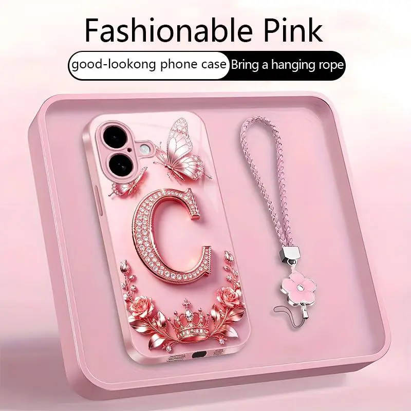 iPhone 16 High-End Stylish Letter-Patterned Phone Shell, 2D Printed Cellphone Patterned Protective Casing, Full-Coverage Mobile Phone Accessories, Free Lanyard & Free Shipping Included, YM99