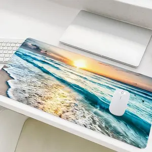 Sunrise Beach Waves Landscape Pattern Mouse Pad, Rectangle Gaming Mouse Pad, Non-Slip Rubber Base Stitched Edge Desk Pad for Home Office Desk Accessories, Gaming Desk Accessory