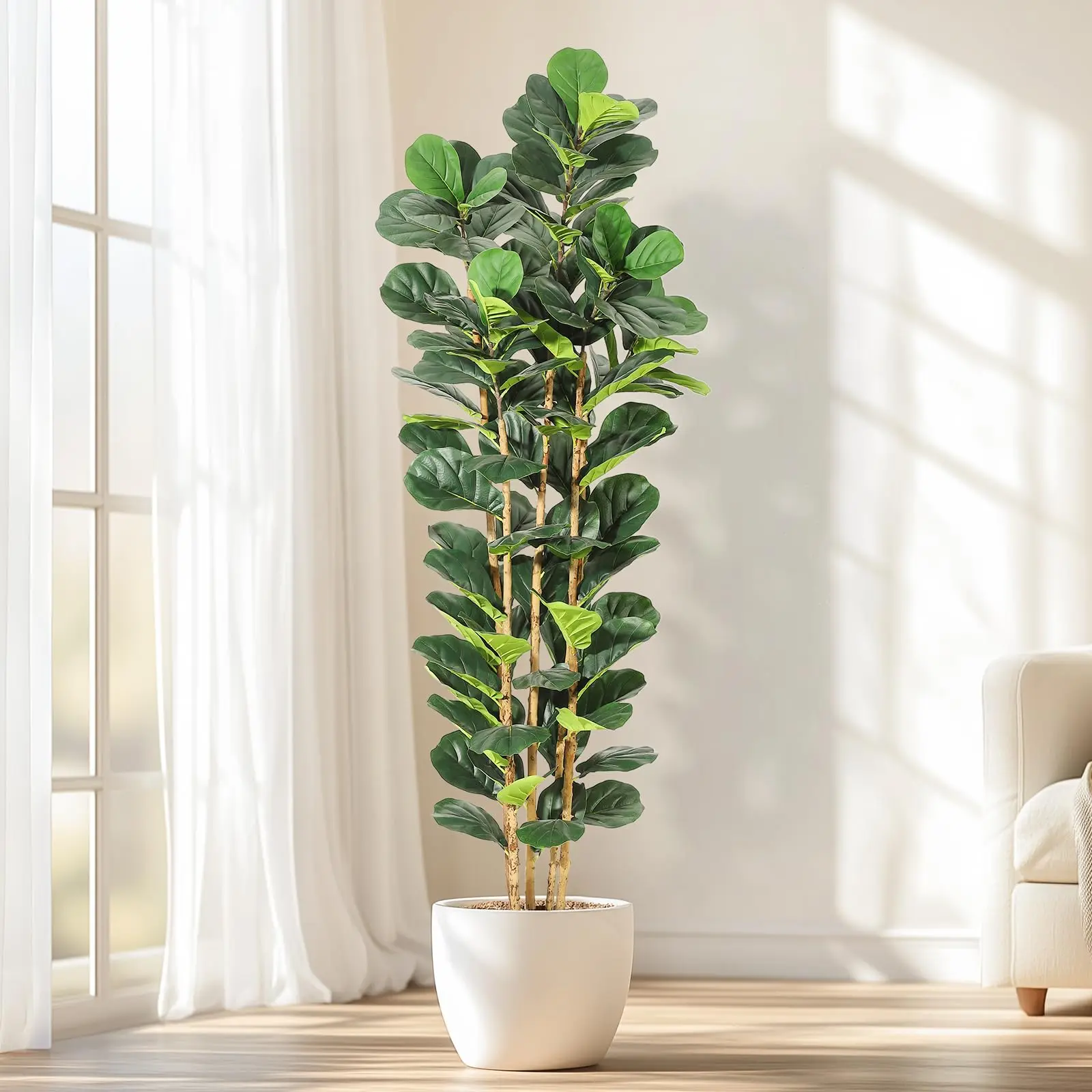 GARVEE 5/6/7FT Potted Tree-Shaped Artificial Fiddle Leaf Fig Tree with White Pot, 107-Leaf Real-Looking Artificial Plant, Living Room Decor for Home Office Indoor Outdoor Use, Gift Item, Real-Looking Artificial Plants, Potted Artificial Plants