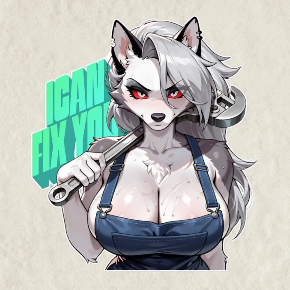 I Can Fix You Furry Wolf Girl Sticker, Anime Mechanic Wolf Anthro Furry Cute Decal, Kawaii Vinyl Decal for Waterproof Sticker for Water Bottle, Laptop, Fan Gift