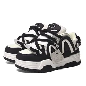 Q-AND Unisex Retro Chunky Sneakers - Panda Print Black White Couple Fit, Mesh Upper, Breathable, Thick Rope Lace, Non-Slip Platform Sole Skate Shoes, Sizes 36-44, Streetwear Footwear for Daily Wear & Tennis