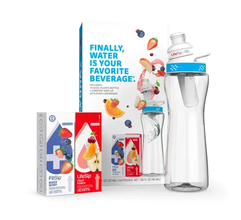Plastic Water Bottle Starter Kit - 22 oz with Blue Lid & 2 Flavor Cartridges (Fruit Punch & Mixed Berry) - Includes Tumbler - Drinkware