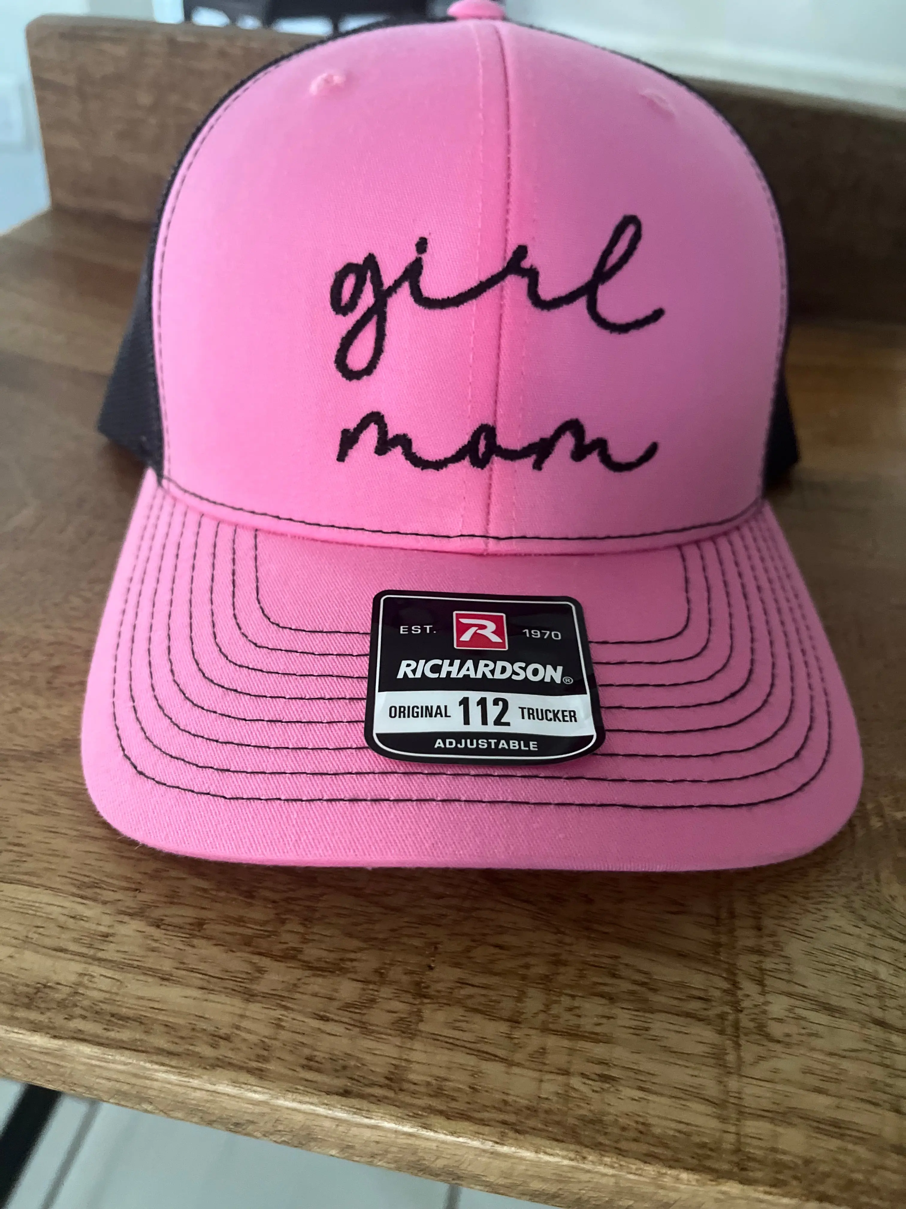 Girl Mom Custom Embroidery Richardson 112 Trucker Cap - 6-Panel, Black & Hot Pink, Embroidery Detail, Casual Everyday Fashion Accessory