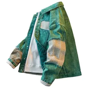 Vintage men’s denim patchwork jacket for spring/autumn, high street casual loose jeans streetwear, retro mecha style