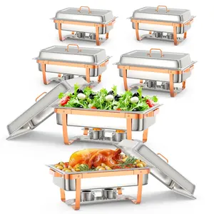 GARVEE Set of 6 Rectangular Chafing Dishes, Professional 9L Food Warmer Set with Foldable Frame for Buffets, Caterers, Parties, Buffet Servers, Weddings, Picnics