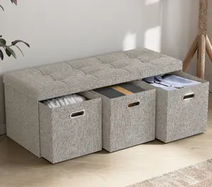Storage Ottoman with 3 Drawers 40 Inches Long Foldable Tufted Linen Large Bench Ottoman with Storage Foot Rest Stool Seat for Living Room Bedroom Entryway