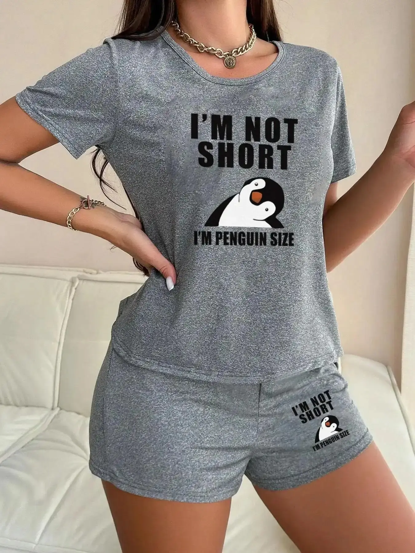Women's Cartoon Penguin Print Pajama Set, Casual Loose-Fitting Sleepwear, Comfortable Nightgown for Women, Soft and Cozy, Homewear, Loungewear, Pjs, Pyjamas, Loose Fit Pajamas go to sundress