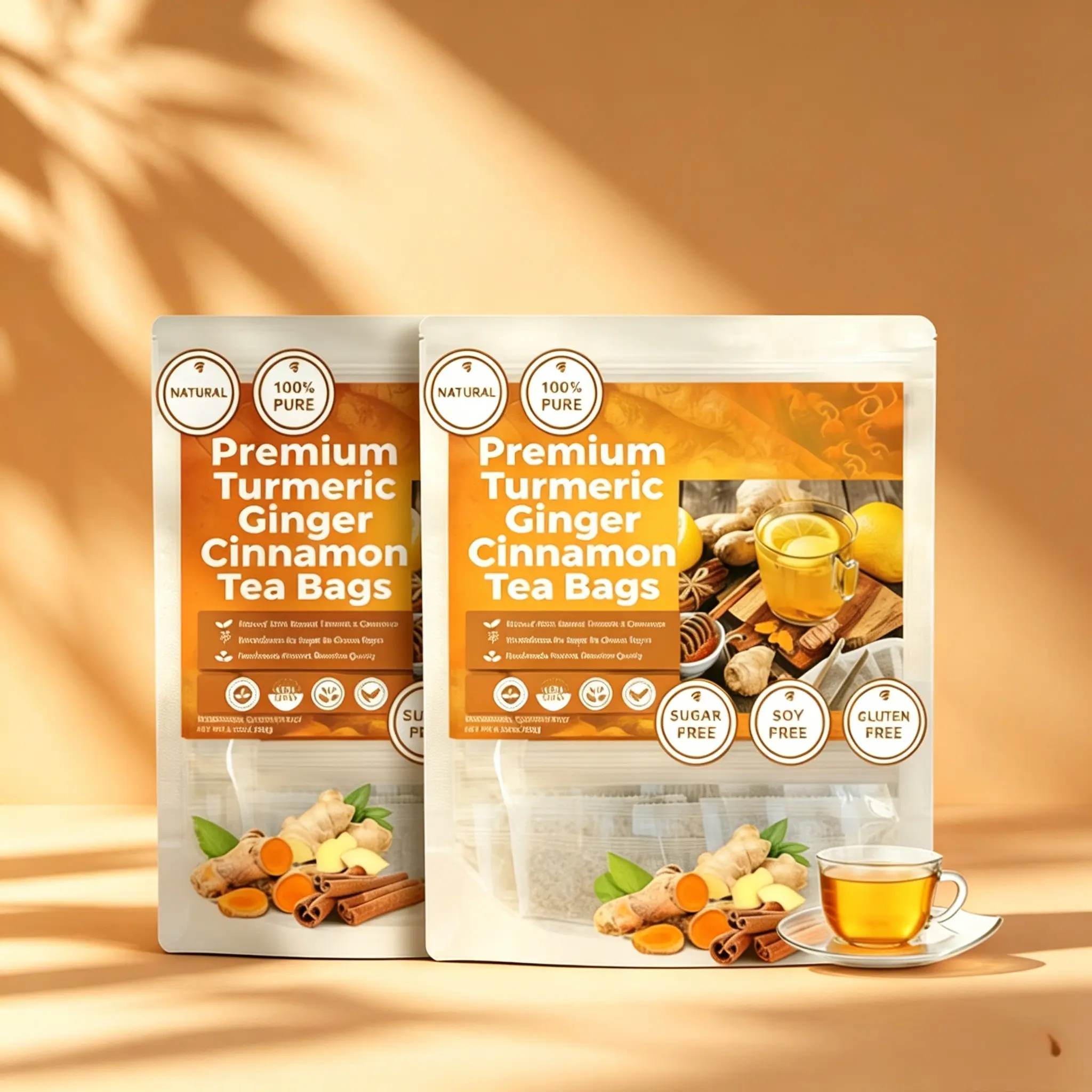 Premium Turmeric Ginger Cinnamon Tea Bags 60x2 Sugar Free Vegan Blend for Daily Detox & Immune Support Natural Beverage