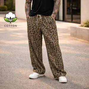 Unisex Cotton Leopard Print Nightclub Style Street Style Casual Straight-Leg Sweatpants Elastic Waist Design Perfect for Parties Bottom Chic Love Statement Fit Fitted Khaki Womenswear pants men