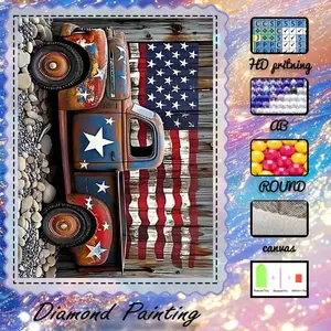 DIY 5D Flocking Diamond Painting Kit, AB Diamond, Fairy Dust Diamond, Crystal Diamond, Diamond Pattern Design, Vintage Truck, American Flag, Pebbles, Diamond Embroidery, Special Craft Diamond Art Kit, Wall Decor, Gift for Family, Loved Ones, Friends