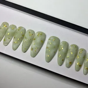 Matte Sage Marble & Gold Nails| Presson Glue on Trendy Handmade|Apres Gel X Nails