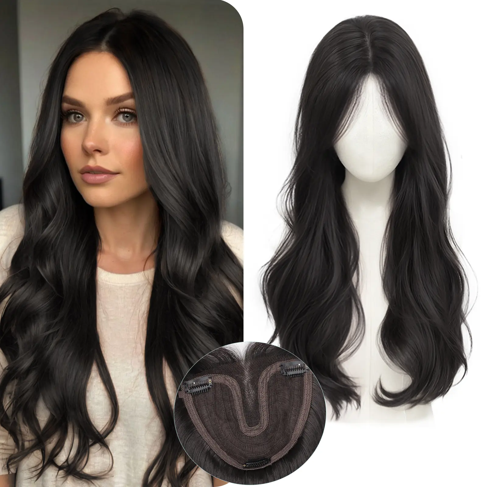 [kookastyle] Long wave Hair Topper with Middle Part Bangs 24Inch Hair Toppers For Women Wavy Curly Brown blacke t Clip In Hair Topper Add Hair Volume Synthetic Wiglets Hair Pieces For Women