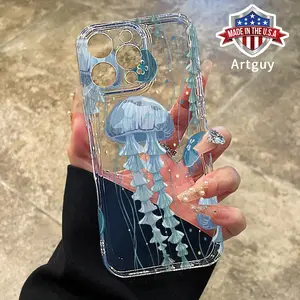Deep Sea Jellyfish Pattern Soft Phone Case for iPhone 16 15 14 Pro Max 16E 13 12 11 XR XS Plus Non-Yellowing Drop Protection Transparent Silicone Cover