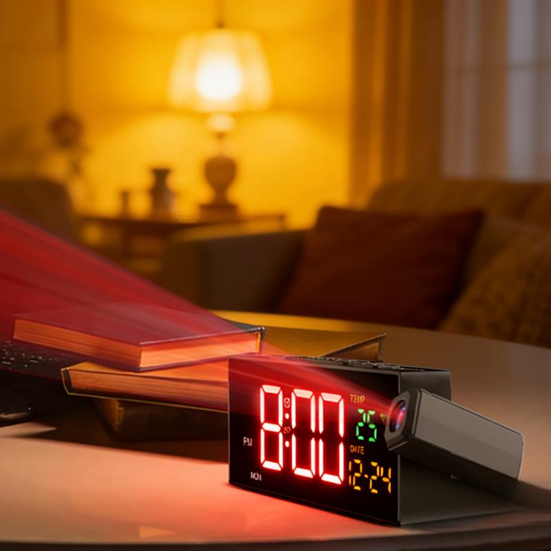 Projection Clock for Bedroom Ceiling, Alarm Clocks with 180° Rotatable Projector, Date Temperature and Weekday, Manual DST, 5 Brightness Levels, 10 Ringtones, 4 Volume Levels and Snooze (Black)