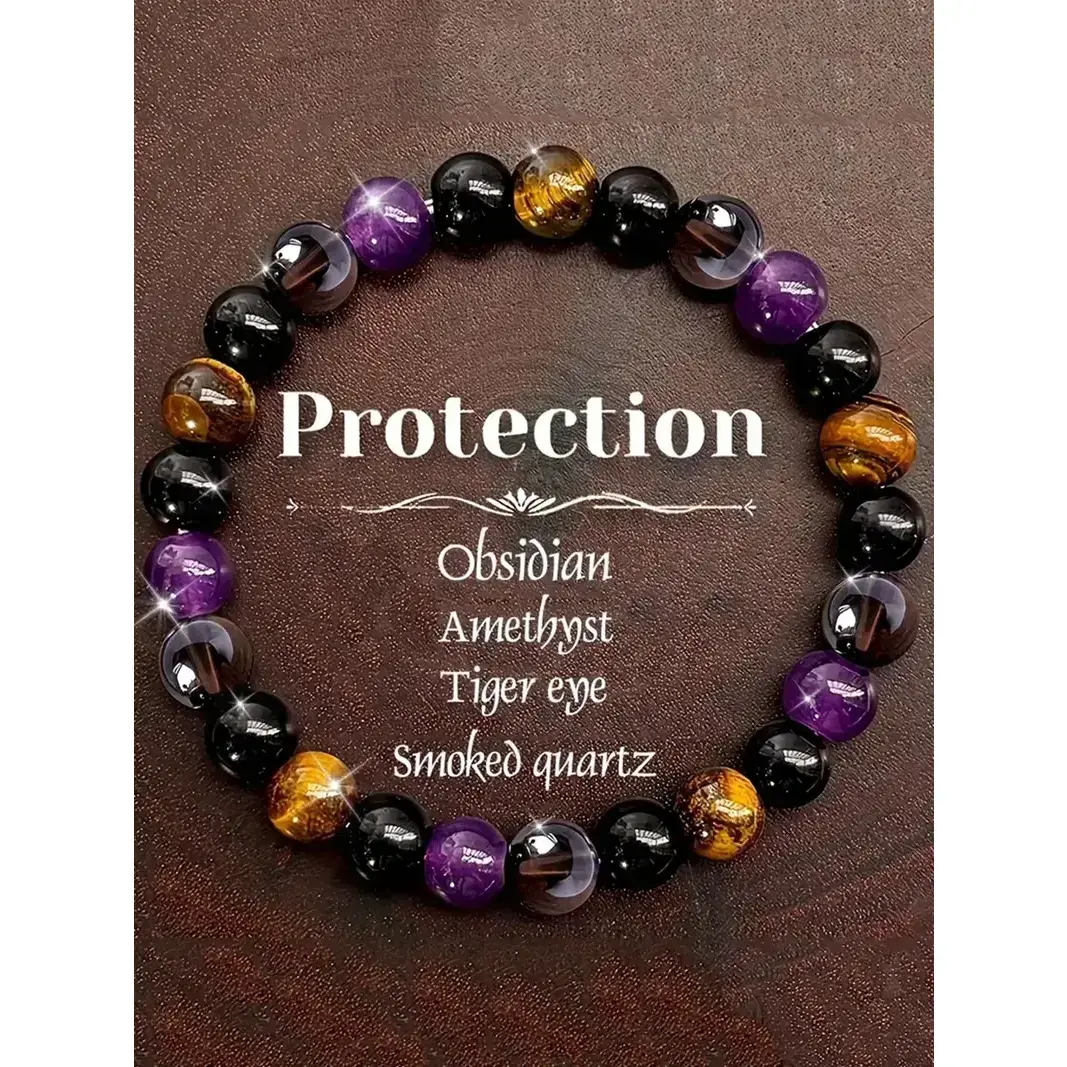 DearLuniva S Women's 1pc Natural Stone Protection Wristband - Amethyst, Obsidian & Smoked Quartz Beaded Elastic, Black & Golden-Tone, Ideal for Daily Wear & Gifting (Natural Amethyst Bracelets & Bangles, Obsidian Bracelets & Bangles)