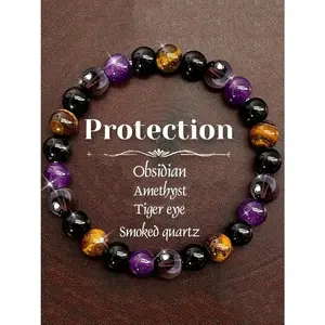 Veliora Gift S 1pc Natural Stone Protection  for Women, Solstice Gemstone  - Amethyst, Obsidian & Smoked Quartz Beaded Elastic Wristband, Black & Golden-Tone Design, Perfect for Daily Wear & Gift Giving Zen Fidget Stretch Bracelet