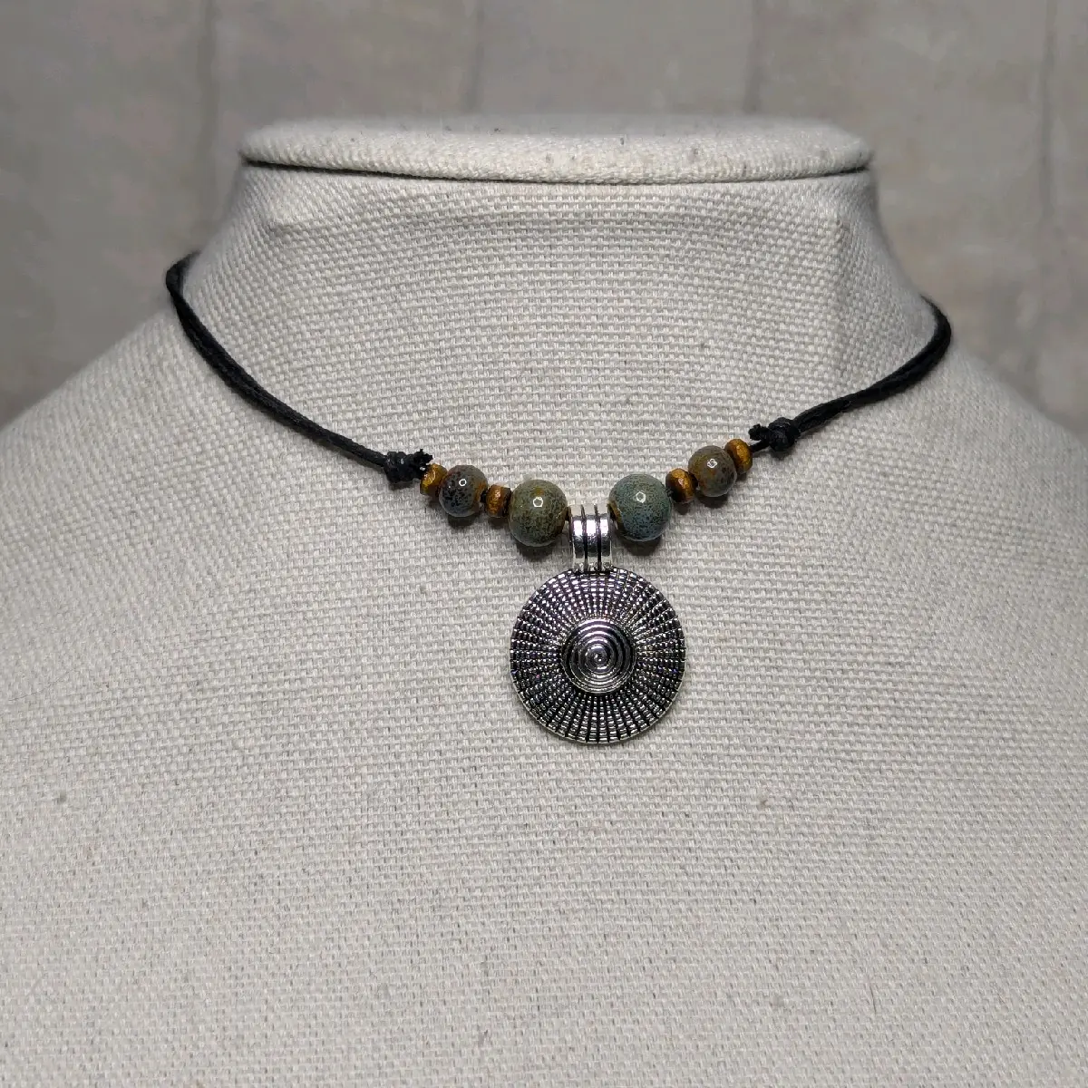 Ceramic Beaded Large Spiral Charm Boho Hippie Whimsical Adjustable Black Rope Cord Choker Stacking Necklace jewelry