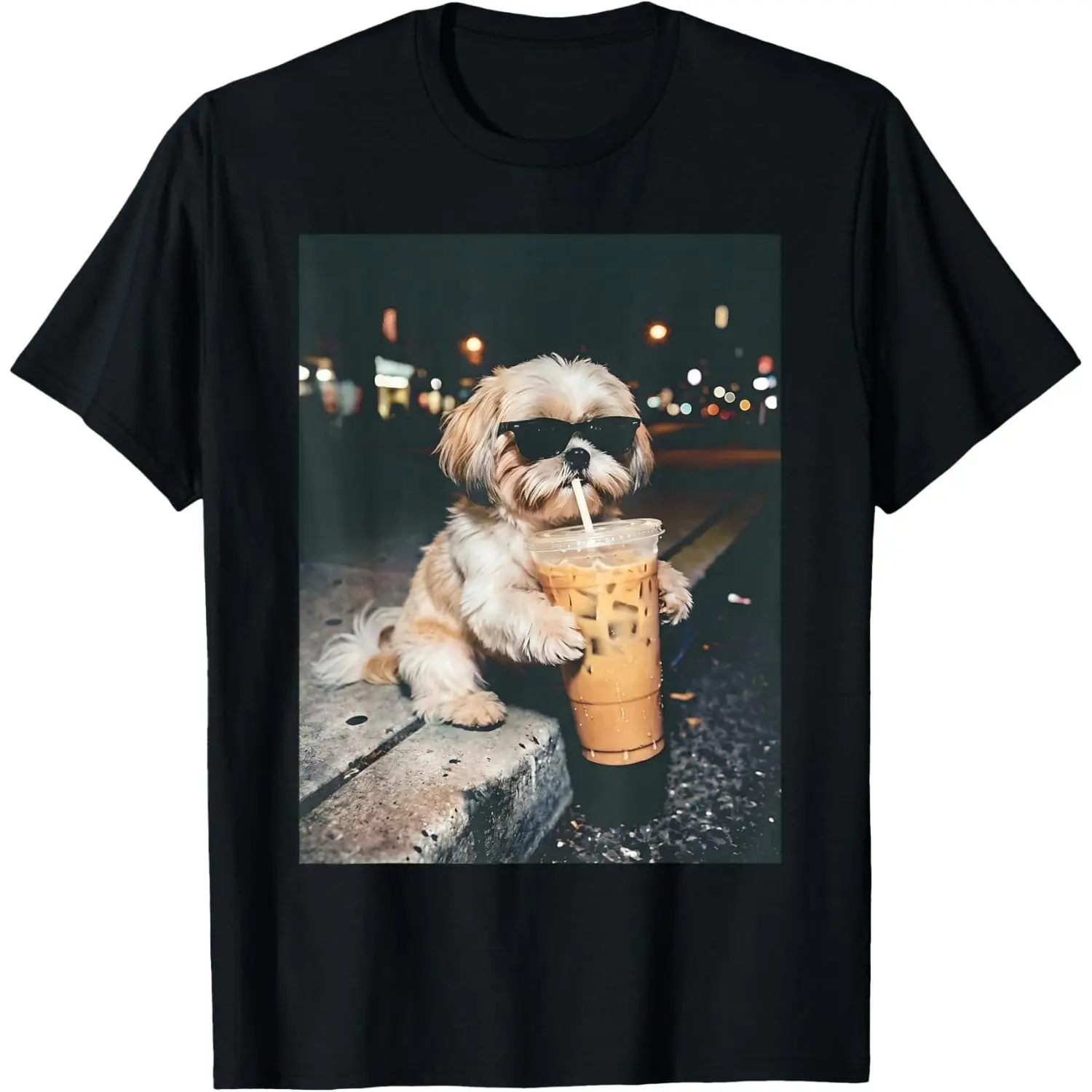 Women's Vintage Shih Tzu Graphic T-Shirt with Funny Iced Coffee Print, Casual 100% Cotton Shortsleeve Streetwear Top, Distressed