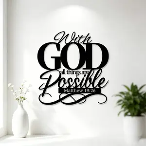 2D plane, 1 piece of modern metal wall art, Matthew 19:26 - 'With God all things are possible' Christian home decoration, easy to hang, no power required, rustic black finish, home decor | rustic finish handmade metal craft