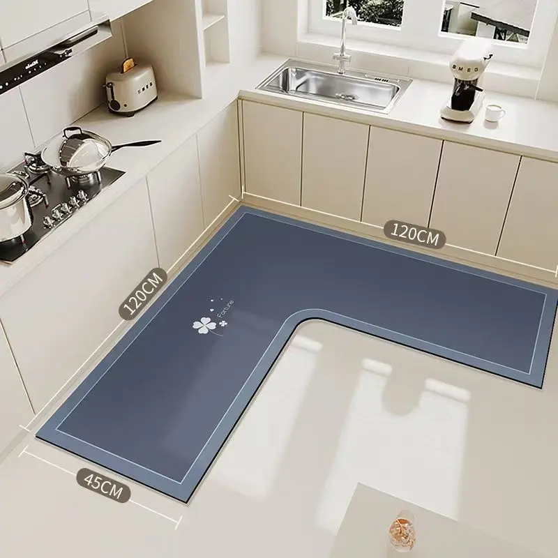 Simple Diatomaceous Earth Kitchen Rug, L-Shaped Home Restaurant Mat, Waterproof Oil-Resistant, Easy Clean, 120cmx120cm, Perfect for Kitchen Sink Corner, Kitchen Rugs Mats