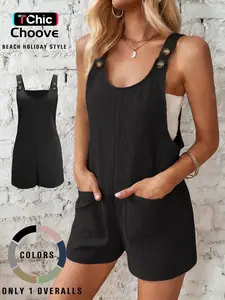 Women's Casual Overalls with Adjustable Buckles, 2 Patched Pockets, Sleeveless, Short Fitted Minimalist Basic Design, Plain Pattern, Perfect for Daily Wear & Holiday Beach Wear