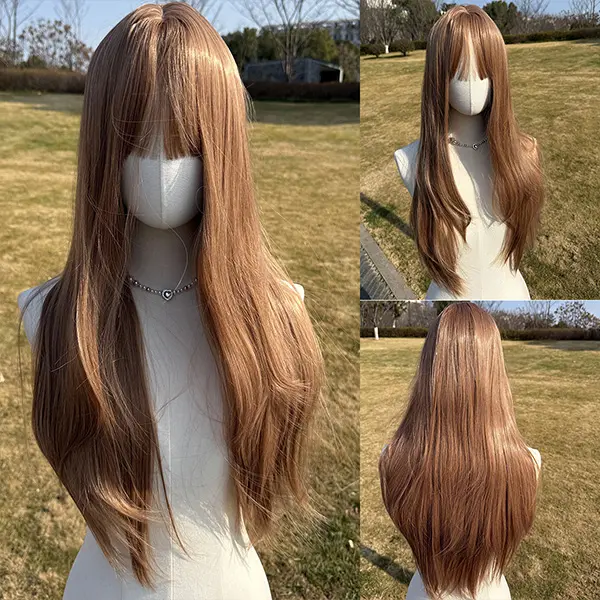 SMILCO/28-inch Light Caramel Golden Brown Straight with Bangs Futura Hair | SM012
